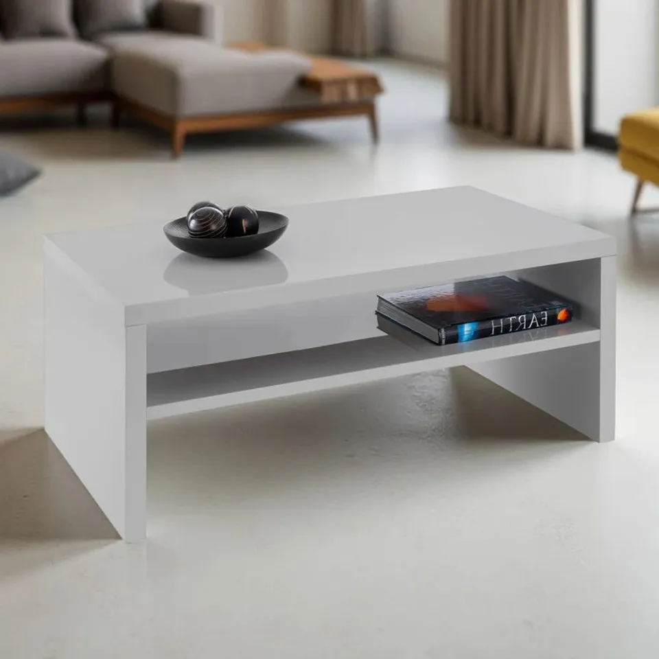 BOXED METRO GREY GLOSS RECTANGULAR COFFEE TABLE WITH SHELF STORAGE, WOOD, HEIGHT: 42.8 X WIDTH: 100 X DEPTH: 59CM