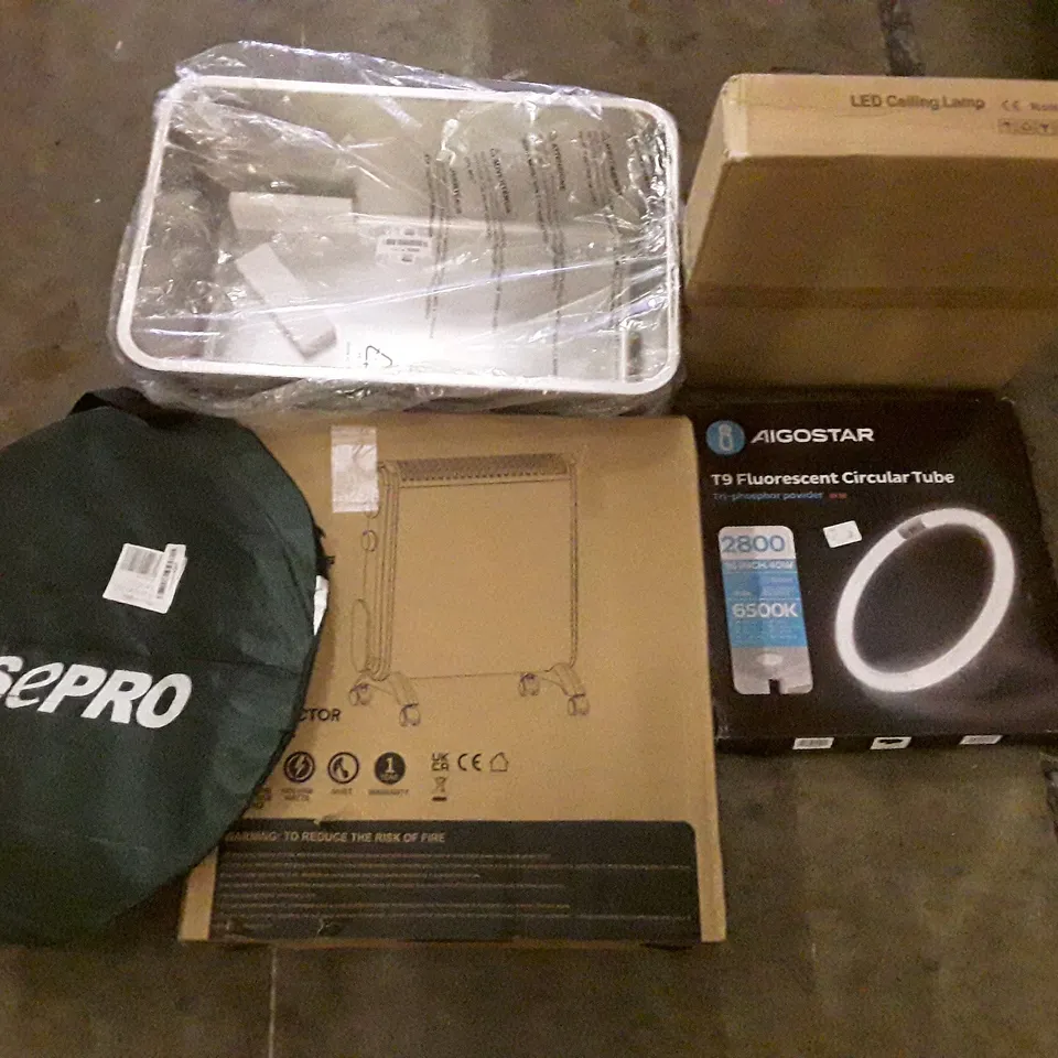 PALLET OF ASSORTED PRODUCTS INCLUDING LED CEILING LAMP, CAT LITTER BOX, FLUORESCENT CIRCULAR TUBE, CONVECTOR HEATER, POP UP TENT
