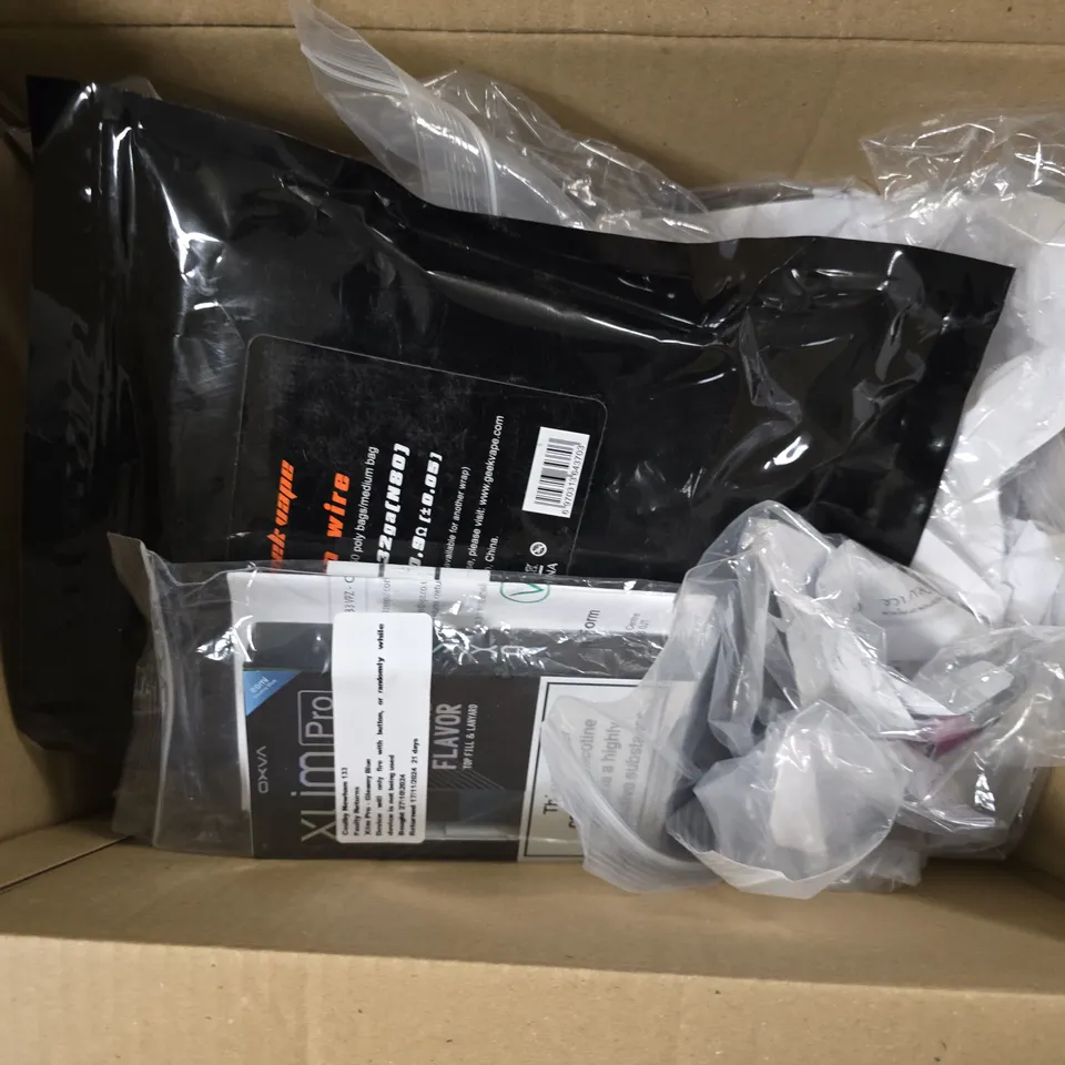BOX OF APPROXIMATELY 15 ASSORTED E-CIGARETTES PRODUCTS TO INCLUDE - OXVA , VAPORESSO , GEEK VAPE CLAPTON WIRE ETC