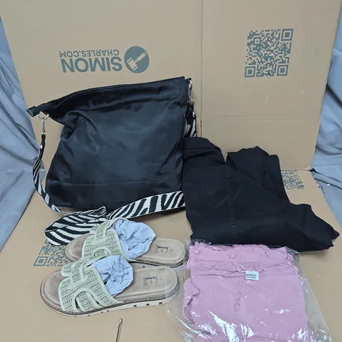BOX OF APPROXIMATELY 20 ASSORTED CLOTHING ITEMS TO INCLUDE HAND BAG, SANDALS, BUTTON UP SHIRT ETC