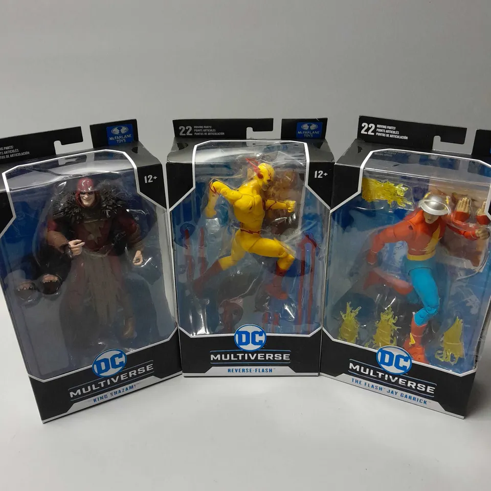 3 X ASSORTED DC MULTIVERSE FIGURINES TO INCLUDE REVERSE-FLASH, THE FLASH JAY GARRICKS & KING SHAZAM!