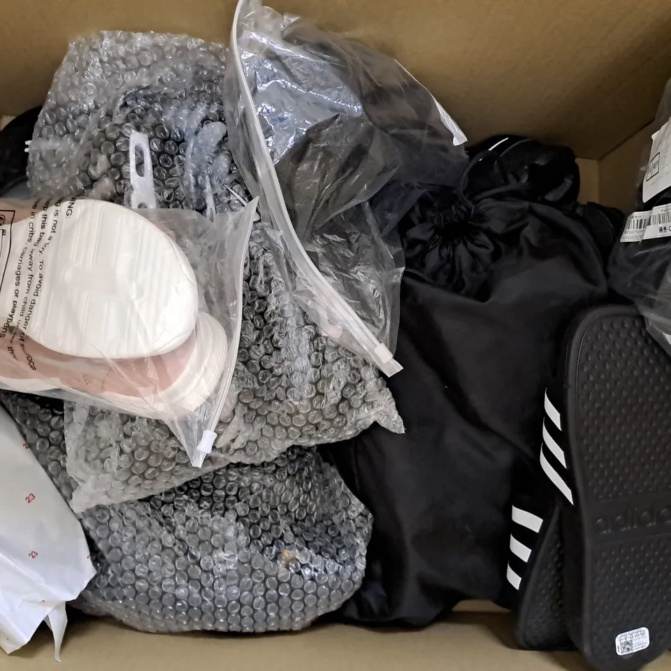 BOX OF APPROXIMATELY 10 ASSORTED PAIRS OF SHOES AND FOOTWEAR ITEMS IN VARIOUS COLOURS, STYLES, AND SIZES - COLLECTION ONLY