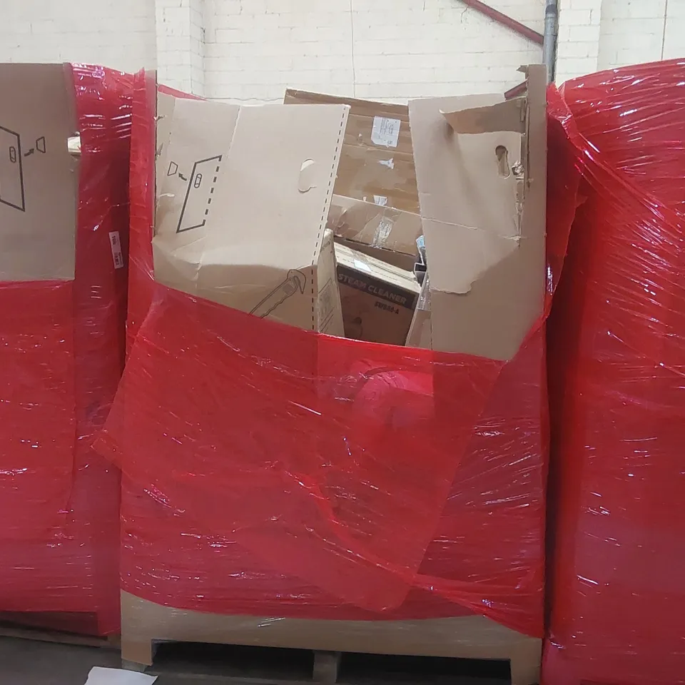 PALLET CONTAINING A LARGE QUANTITY OF ASSORTED ITEMS INCLUDING: AIR FRYER, STEAM MOP CLEANER, STEAM CLEANERS, ITALIAN LEATHER HORSE BRIDLE ECT
