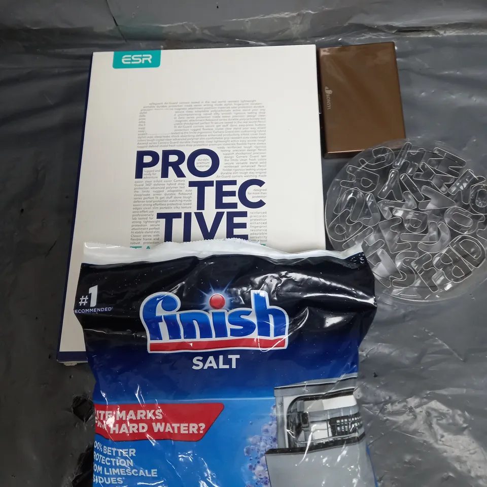 APPROXIMATELY 20 ASSORTED HOUSEHOLD ITEMS TOO INCLUDE FINISH SALTS , TABLET COVER , ETC 