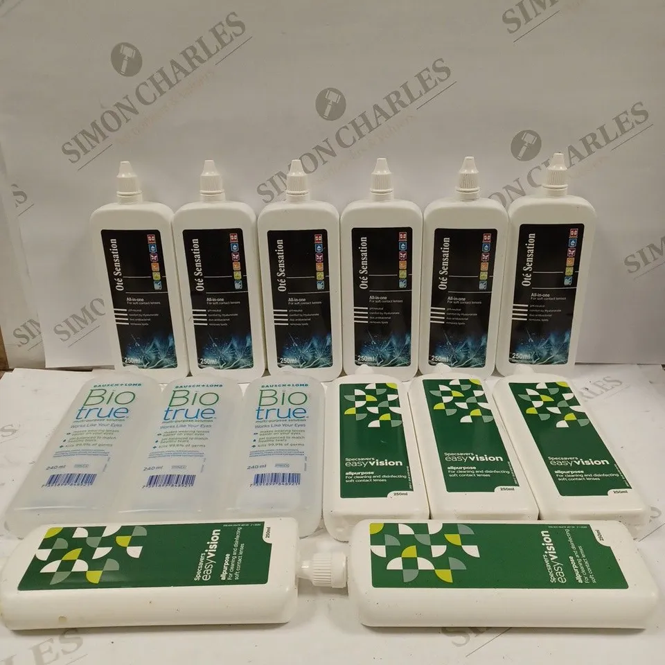 BOX TO CONTAIN APPROX. 24 X ASSORTED BOTTLES OF CLEANING SOLUTION FOR CONTACT LENSES. BRANDS VARY - COLLECTION ONLY