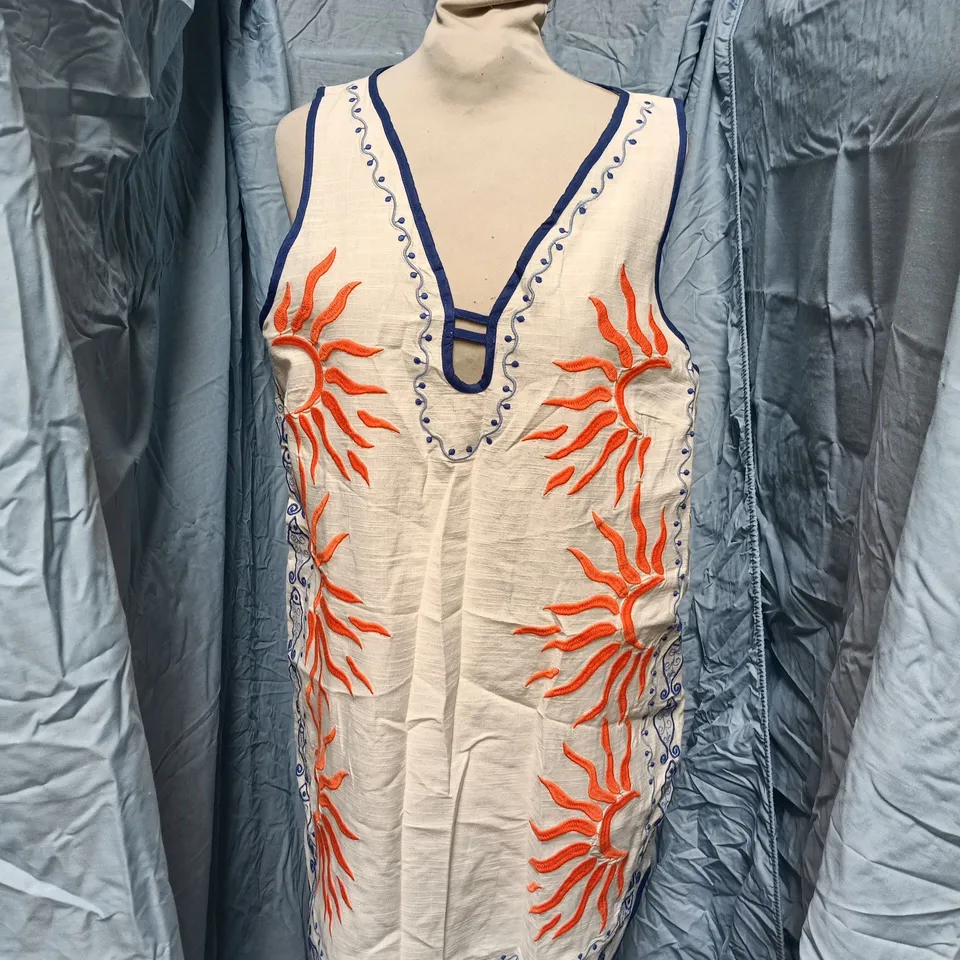 RIVER ISLAND STUDIOS CREAM EMBROIDERED SLEEVELESS TUNIC DRESS – UK M (RELAXED), MADE IN INDIA