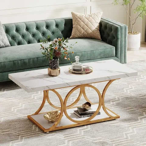 BOXED TRIBESIGNS 2-TIER FAUX MARBLE WOOD RECTANGLE COFFEE TABLE - GOLD/MARBLE EFFECT (1 BOX)