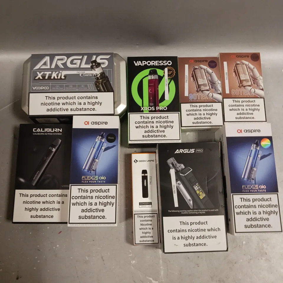 APPROXIMATELY 20 ASSORTED E-CIGARETTE PRODUCTS TO INCLUDE VAPORESSO, ASPIRE, ARGUS ETC 