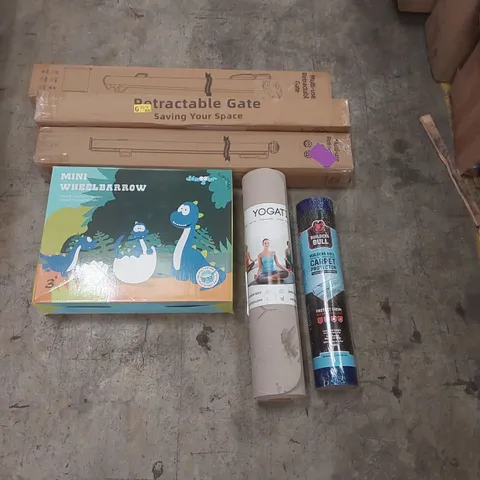 PALLET CONTAINING VARIOUS ASSORTED BOXED HOUSEHOLD ITEMS TO INCLUDE: RETRACTABLE GATES, KID'S MINI WHEELBARROW, YOGA MAT, CARPET PROTECTOR AND LOTS MORE UNMARKED BOXED ITEMS