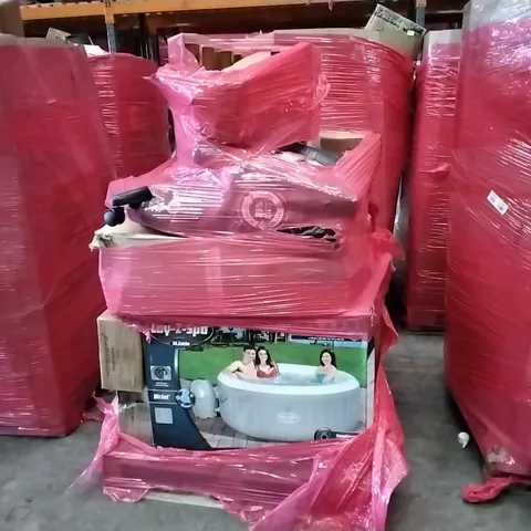 PALLET OF ASSORTED ITEMS TO INCLUDE: LAY-Z-SPA AIR JET HOT TUB, CORSAIR TC100 RELAXED GAMING CHAIR, KIDS BALANCE BIKES ECT