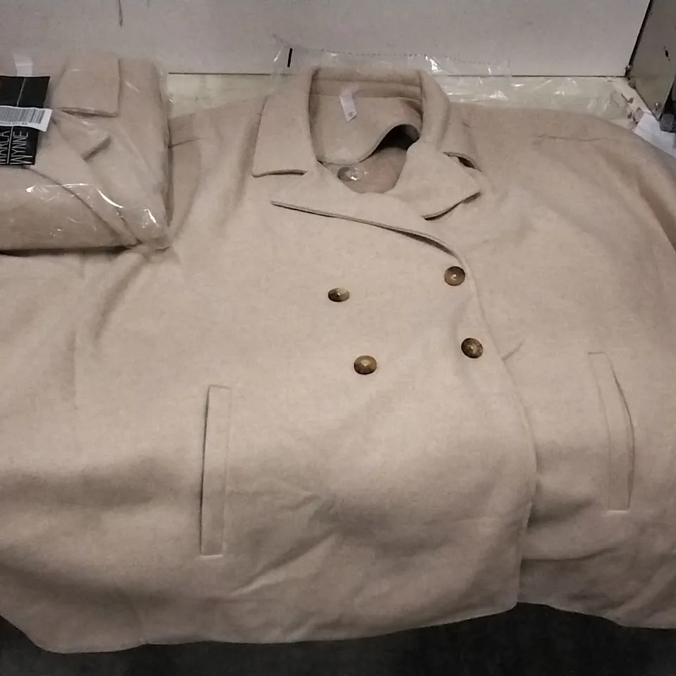 4 BOXES OF APPROXIMATELY 10 MARLA WYNNE DOUBLE BRASTED CAPE COAT LIGHT OATMEAL - SIZE 2 × SMALL, 2 × 2XL