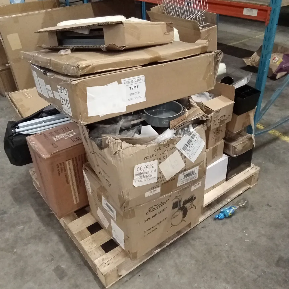 PALLET OF ASSORTED HOUSEHOLD GOODS AND PRODUCTS TO INCLUDE; BARSTOOLS, DISH RACK, GAZEBO, DRUM KIT ETC