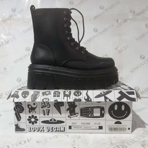 BRAND NEW BOXED PAIR OF KOI VEGAN LEATHER TALWAR CHUNKY STOMPER BOOTS IN BLACK UK SIZE 4