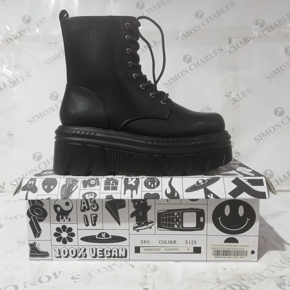 BRAND NEW BOXED PAIR OF KOI VEGAN LEATHER TALWAR CHUNKY STOMPER BOOTS IN BLACK UK SIZE 4