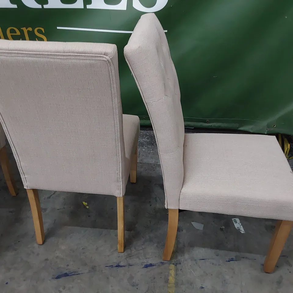SET OF THREE & 1 SIMILAR, UPHOLSTERED BUTTONED BACK DINING CHAIRS BEIGE FABRIC NATURAL WOODEN LEGS 