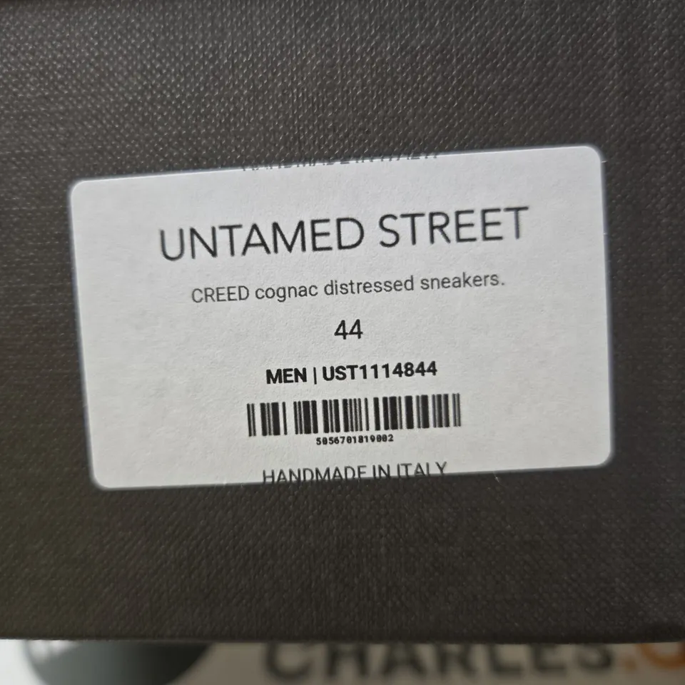 BOXED  UNTAMED STREET COGNAC DISTRESSED LEATHER SNEAKERS (EU 44) - UK 10
