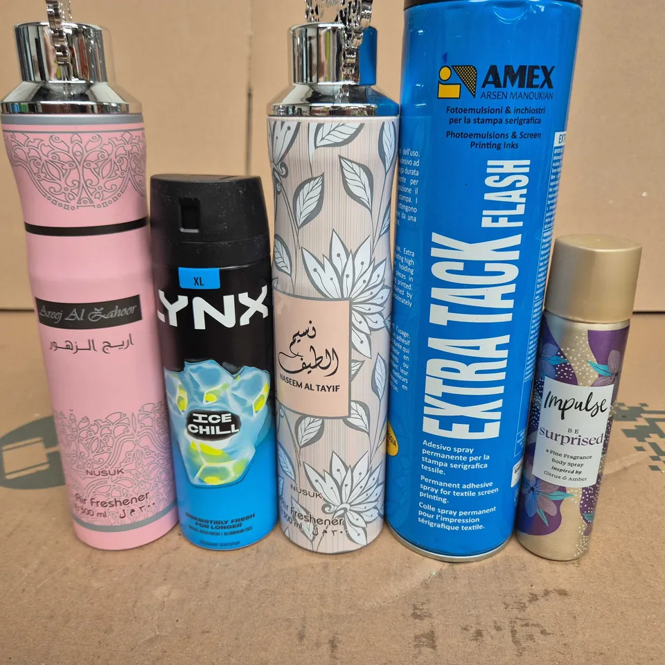APPROXIMATELY 15 ASSORTED AEROSOLS TO INCLUDE LYNX , EXTRA TACK FLASH AND BODY SPRAY