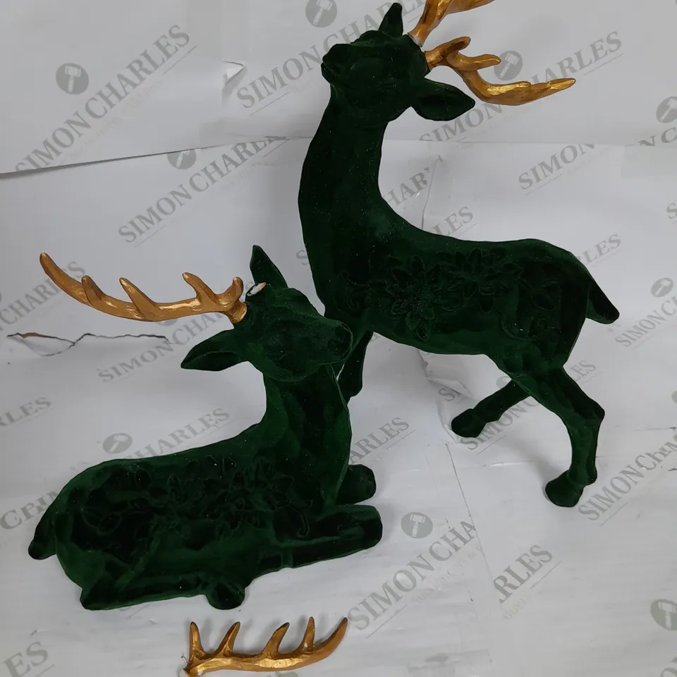 ALISON CORK SET OF 2 VELVET STAGS IN GREEN AND GOLD