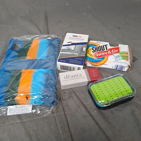 APPROXIMATELY 15 ASSORTED HOUSEHOLD PRODUCTS TO INCLUDE TABLET CASES, TILE REPAIR KIT, SHOUT WIPES ETC