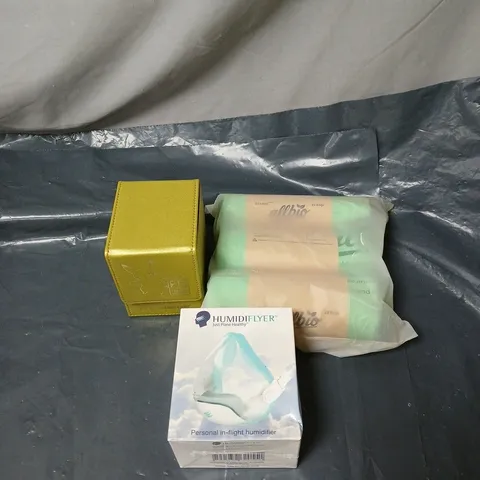 APPROXIMATELY 15 ASSORTED HOUSEHOLD ITEMS TO INCLUDE GREEN WASTE BAGS, PERSONAL IN FLIGHT HUMIDIFIER, POKEMON CARD GAME EMPTY CASE ETC