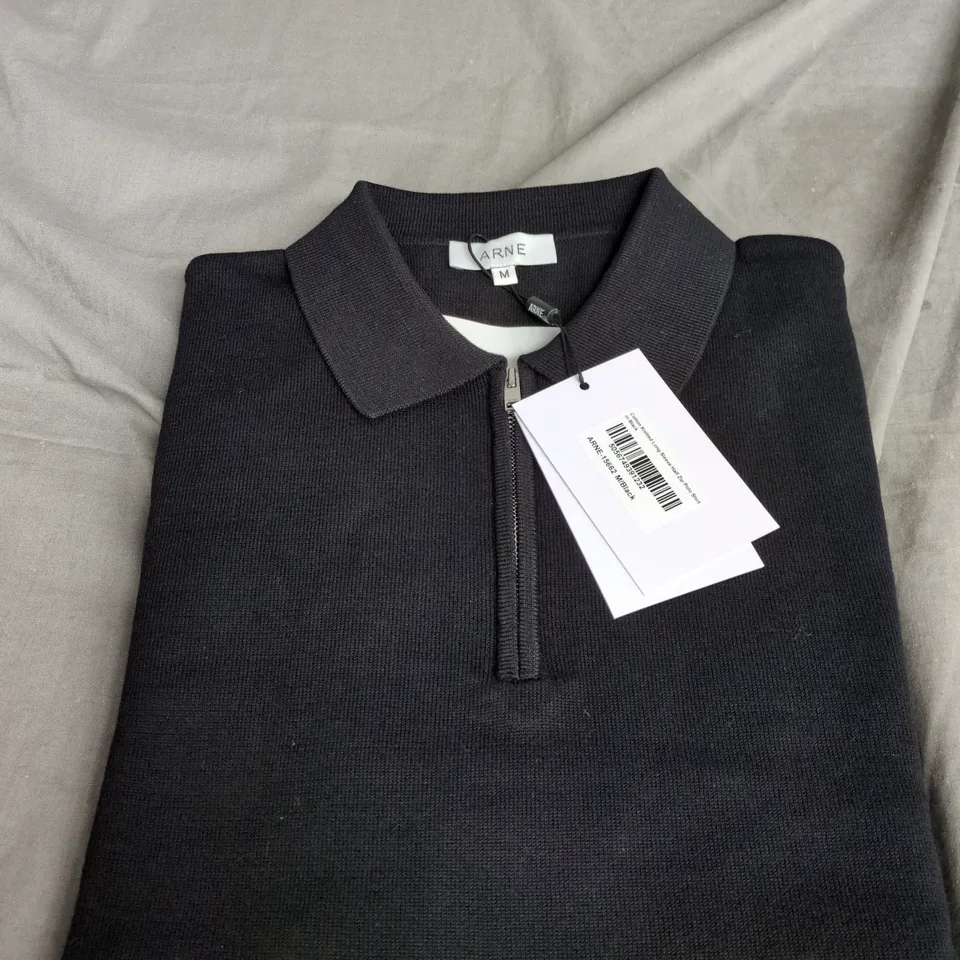 ARNE BLACK ZIP-FRONT KNIT LONG SLEEVE POLO SHIRT – MEN'S M