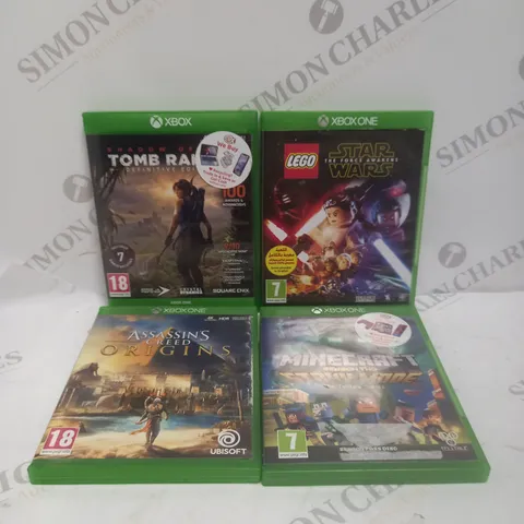 APPROXIMATELY 4 ASSORTED XBOX ONE VIDEO GAMES TO INCLUDE TOMB RAIDER, ASSASSIN'S CREED ORIGINS, STAR WARS ETC