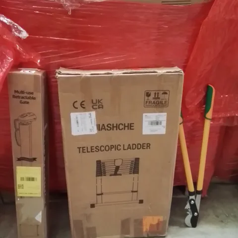 PALLET OF ASSORTED HOUSEHOLD GOODS AND PRODUCTS TO INCLUDE;LADDER,SHEARS,RETRACTABLE SAFETY GATE 