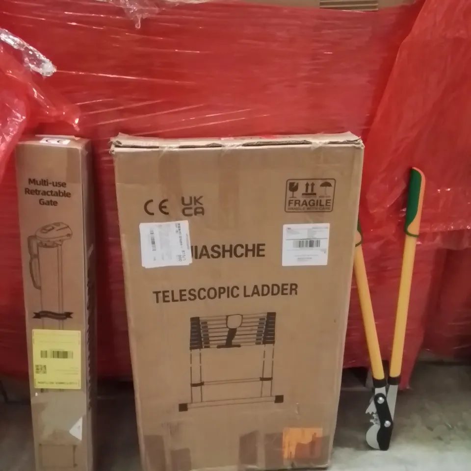 PALLET OF ASSORTED HOUSEHOLD GOODS AND PRODUCTS TO INCLUDE;LADDER,SHEARS,RETRACTABLE SAFETY GATE 