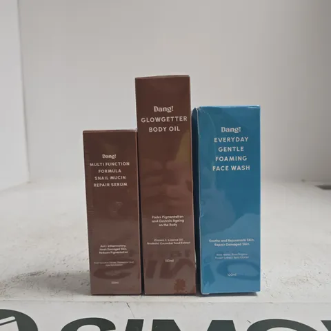 DANG! GLOWGETTER BODY OIL; DANG! EVERYDAY GENTLE FOAMING FACE WASH; DANG! MULTI FUNCTION FORMULA SNAIL MUCIN REPAIR SERUM