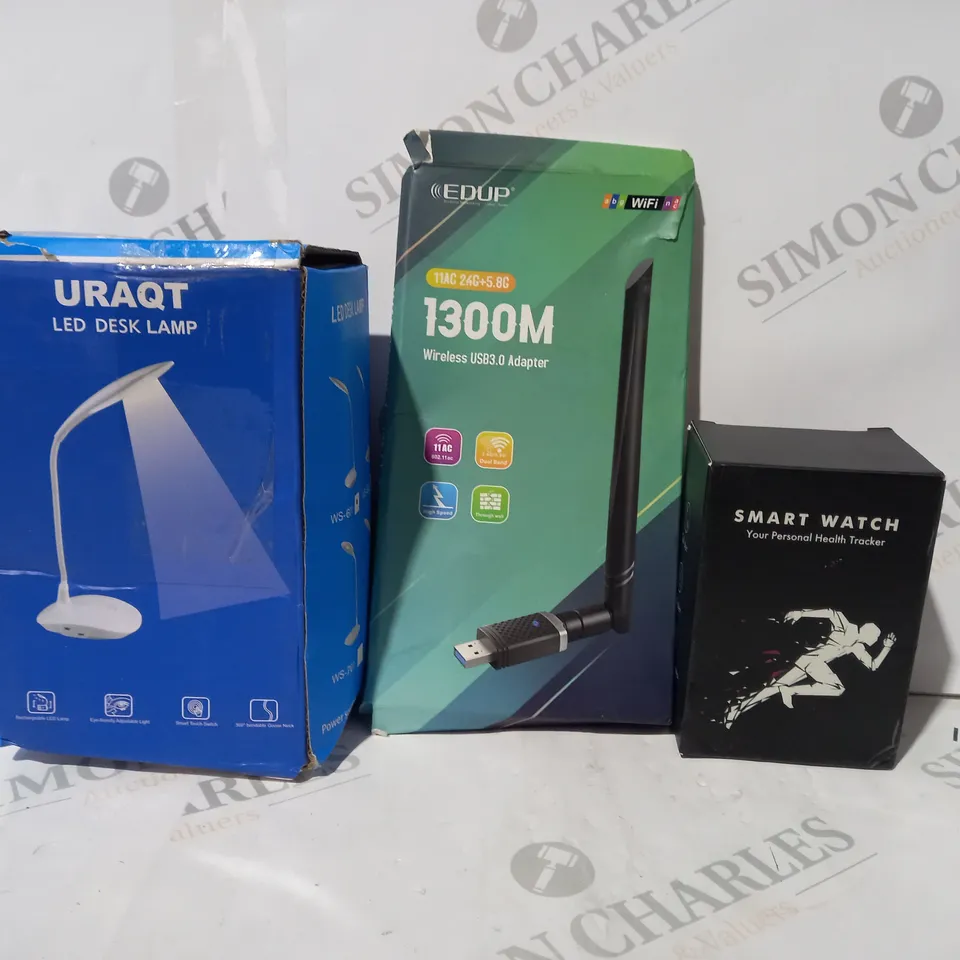 BOX OF APPROXIMATELY 5 ASSORTED HOUSEHOLD ITEMS TO INCLUDE UNBRANDED SMART WATCH, WIRELESS USB3.0 ADAPTER, URAQT LED DESK LAMP, ETC