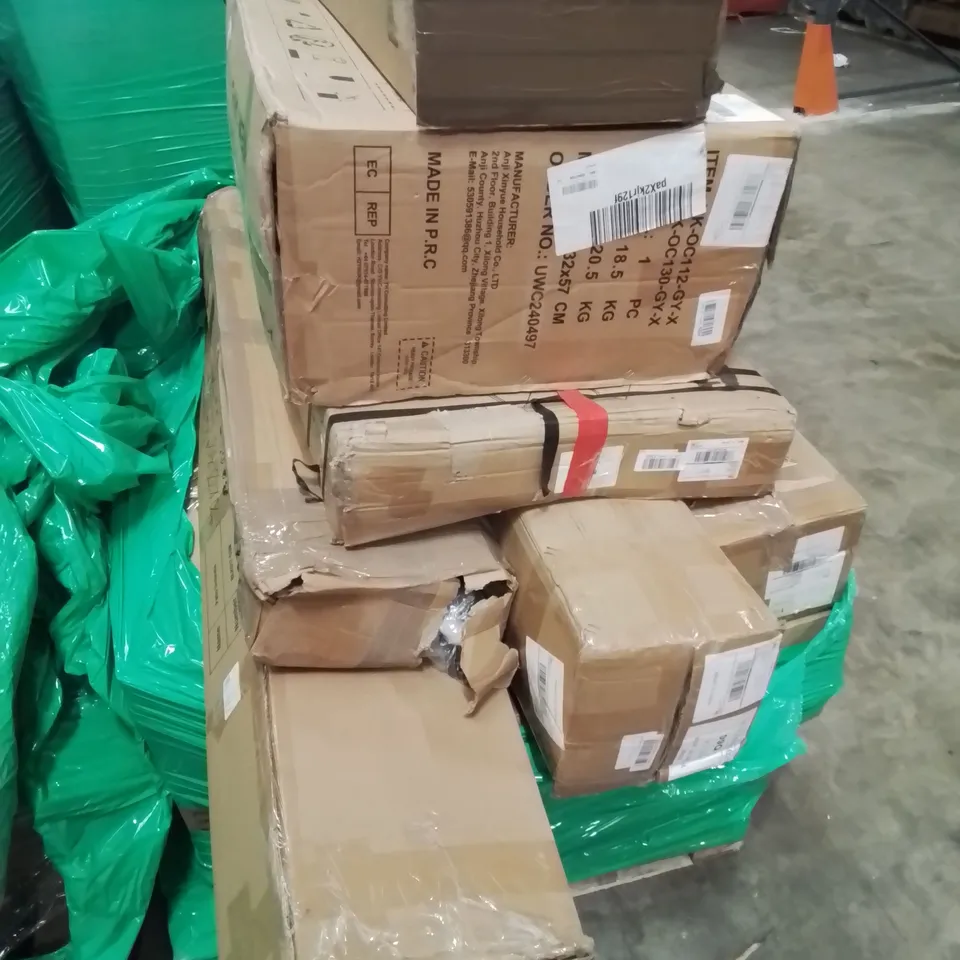 PALLET CONTAINING VARIOUS BOXED HOUSEHOLD ITEMS TO INCLUDE: SMALL DOUBLE BED FRAME, TOWER FANS, AND LOTS MORE UNMARKED BOXED ITEMS.