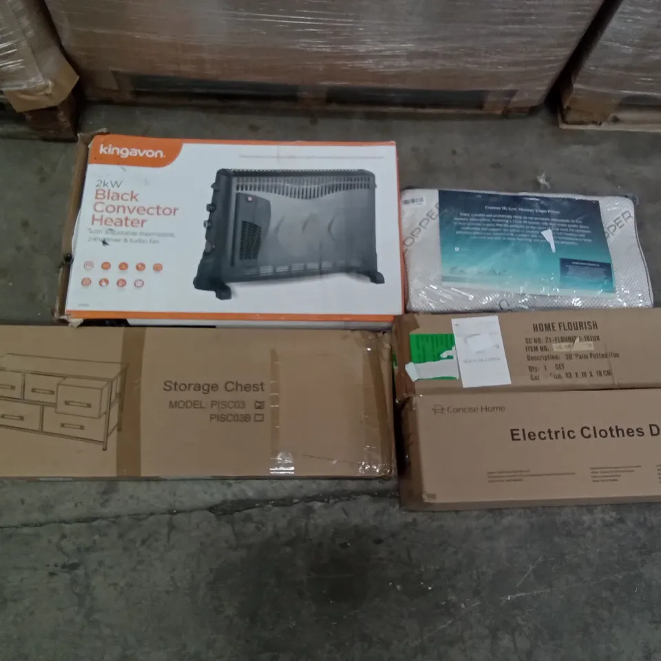 PALLET OF ASSORTED ITEMS INCLUDING KINGAVON BLACK CONVECTOR HEATER, STORAGE CHEST, CONCISE HOME ELECTRIC CLOTHES DRYER, CONTOUR HI-LOW MEMORY FOAM PILLOW, JAJALUYA OFFICE CHAIR