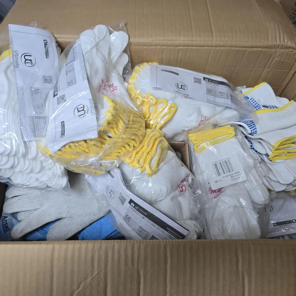 BOX OF ASSORTED WORK SAFETY GLOVES IN ASSORTED SIZES 