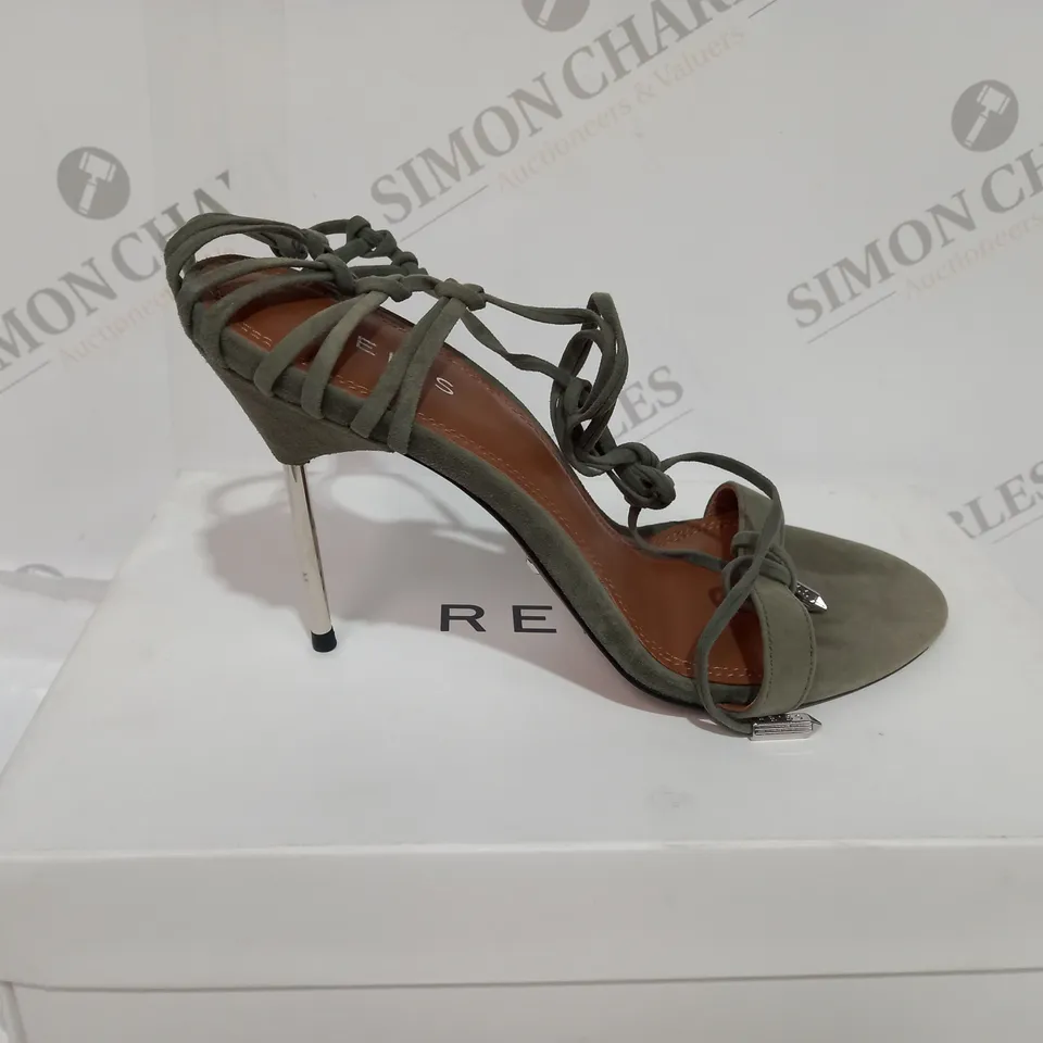 BOXED PAIR OF REISS ZHANE STRAPPY SUEDE HEELS IN GREEN SIZE 6