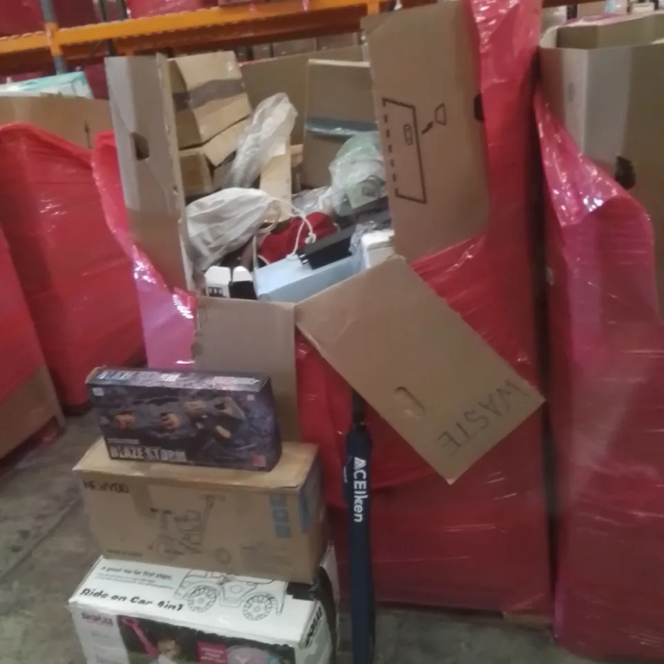 PALLET OF ASSORTED HOUSEHOLD GOODS AND FURNITURE TO INCLUDE; DOLU RIDE ON CAR 4IN1, NEWYOO KIDS TRICYCLE, BLAZE STORM SOFT BULLET GUN ETC