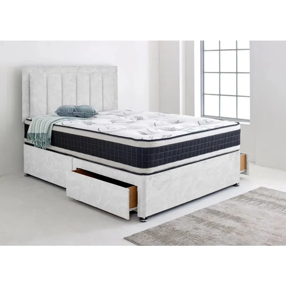 BAGGED DIVAN BED WITH STRIPE 24" HEADBOARD WITH 2X DRAWERS SAME SIDE - 4'6 DOUBLE, WHITE (3 ITEMS)