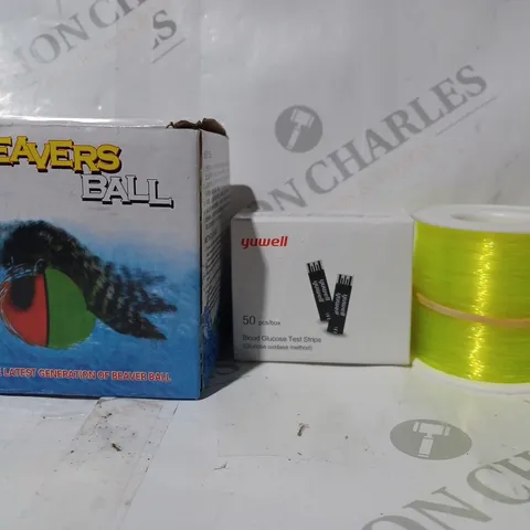 APPROXIMATELY 15 ASSORTED HOUSEHOLD ITEMS TO INCLUDE BEAVERS BALL, BLOOD GLUCOSE STRIPS, ETC
