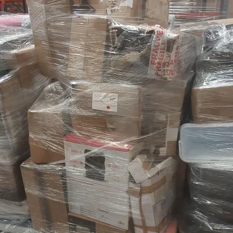 PALLET OF ASSORTED E-COMMERCE GOODS AND PRODUCTS TO INCLUDE: AIRFRYERS, OSCILLATING FAN, CHILDREN'S CAR SEAT, CAMPING WAGON, SUITCASE ECT