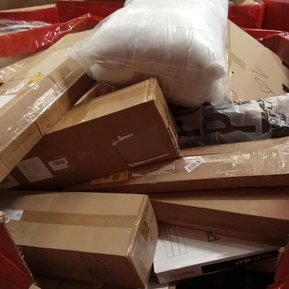 PALLET OF ASSORTED HOUSEHOLD GOODS AND PRODUCTS TO INCLUDE; BOXED FURNITURE, TOILET SEATS, PILLOW INFILLS ETC