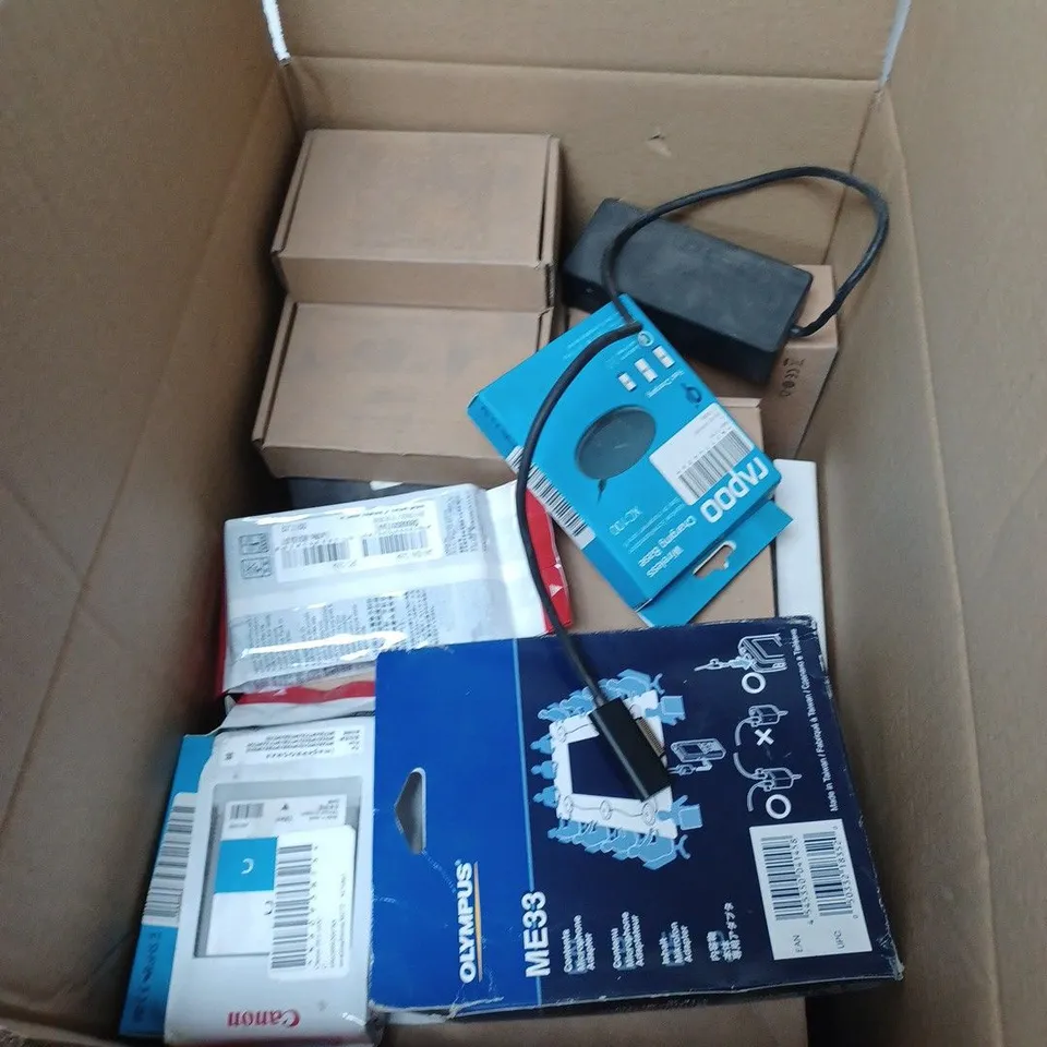 BOX OF ASSORTED ELECTRICAL ITEMS TO INCLUDE MONITOR BRACKETS, HOME TELEPHONE, HEADSETS ETC 