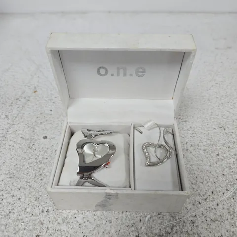 O.N.E SILVER-TONE HEART-SHAPED PENDANT WATCH WITH CHAIN & HEART PENDANT NECKLACE