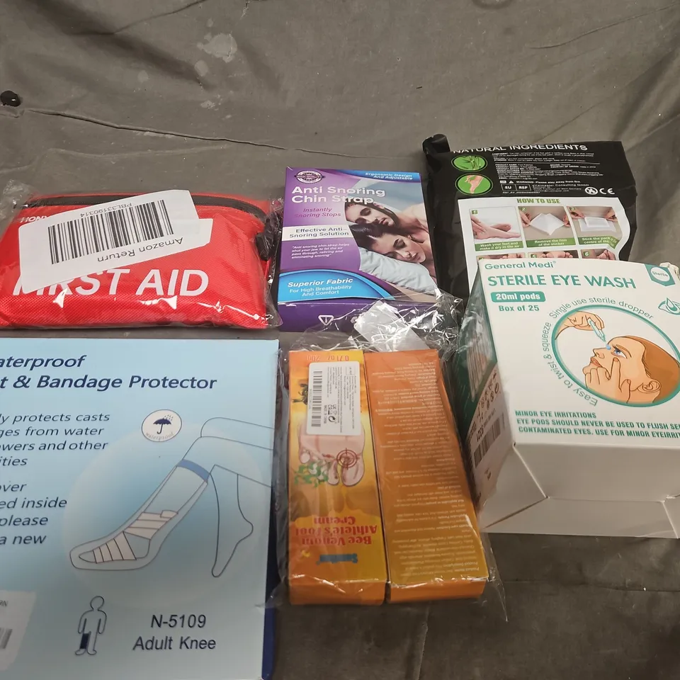 ASSORTED MEDICAL & HEALTH CARE SUPPLIES BUNDLE – FIRST AID, EYE WASH, SNORING STRAP, CAST PROTECTOR