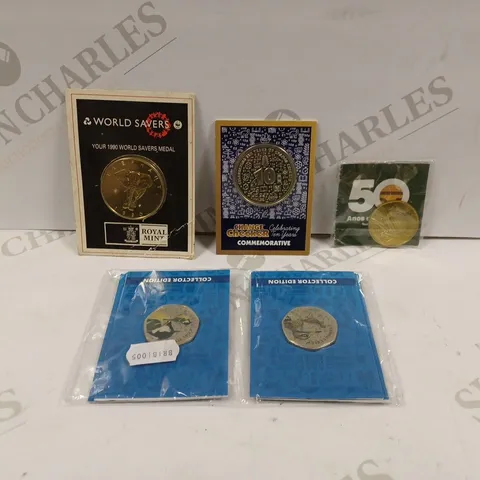 BOX TO CONTAIN APPROX. 7 X ASSORTED COLLECTORS & COMMEMORATIVE COINS & MEDALS. DESIGNS VARY
