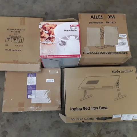 PALLET OF ASSORTED PRODUCTS INCLUDING STAND MIXER, ELECTRIC POTATO PEELER, LAPTOP BED TRAY DESK, ROUND WALL MIRROR