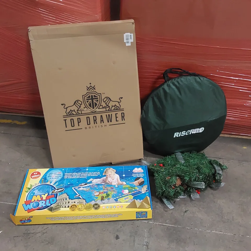 PALLET OF ASSORTED ITEMS INCLUDING: TOP DRAWER STOVE TOP COVER, POP-UP TENT, KIDS PLAY MAP, CHRISTMAS DECORATIONS ECT