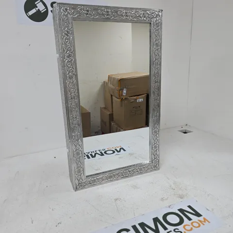 ORNATE SILVER-FRAMED WALL MIRROR WITH BURGUNDY VELVET JEWELLERY DISPLAY CASE