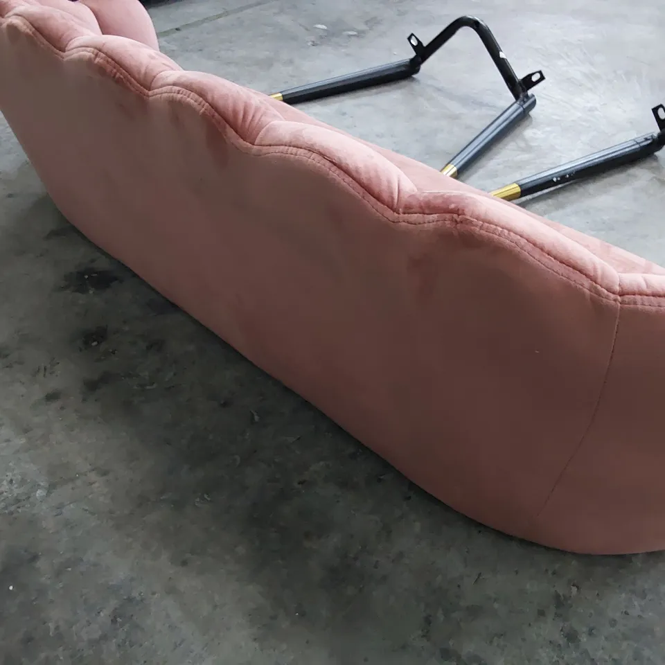 DESIGNER SCALLOPED BACK TWO SEATER OCCASIONAL SOFA PINK PLUSH FABRIC 