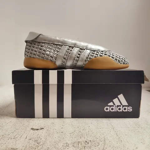 BOXED PAIR OF ADIDAS TAEKWONDO MEI BALLET SHOES IN METALLIC SILVER SIZE UK 6