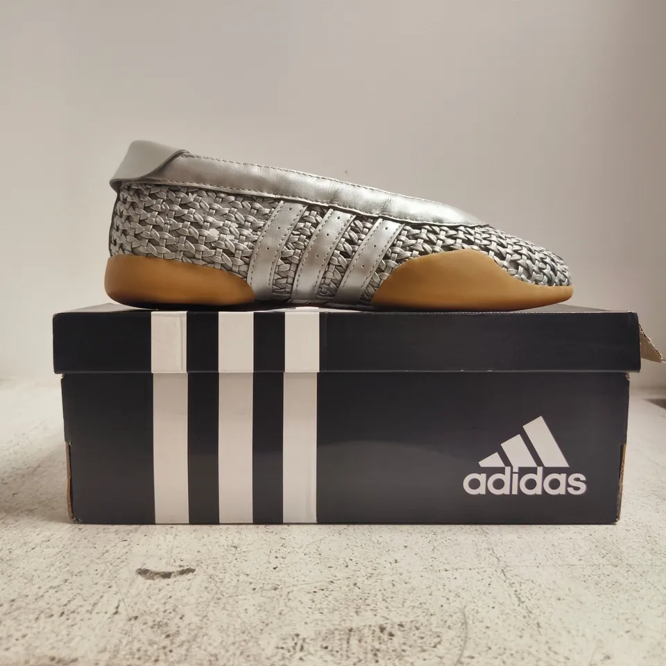 BOXED PAIR OF ADIDAS TAEKWONDO MEI BALLET SHOES IN METALLIC SILVER SIZE UK 6