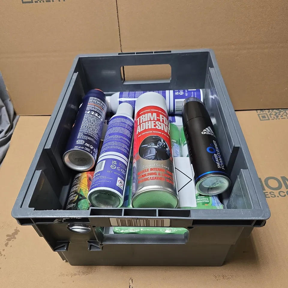 TOTE OF APPROXIMATELY 15 ASSORTED AEROSOL PRODUCTS TO INCLUDE TRIM FIX ADHESIVE, GILETTE PRO SHAVE GEL, SENSET SKIN CLEANSING FOAM, ADIDAS SNEAKER FOAM CLEANSER ETC